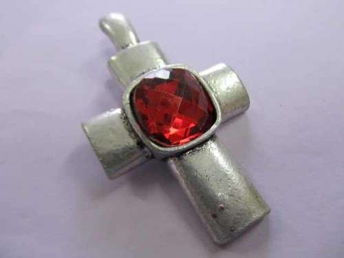 Pendant, Cross, Red Rhinestone In Center Of Cross, Metal, Nickel Colour, 59mm