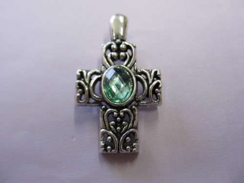 Pendant, Cross, Green Rhinestone In Center Of Cross, Nickel Colour, 44mm, 1pc