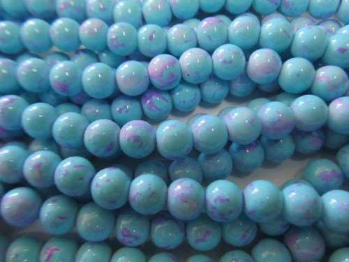 Glass Beads, Fancy, Round, Blue With Purple Splash, 8mm, ±52pc