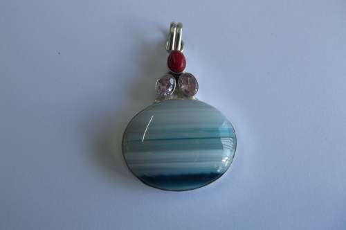 Fine Jewellery, Silver Pendant, Stamped 925, Red Jasper, Pink Cubics, Green Agate, 56mm