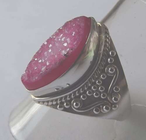 Fine Jewellery, Ring, Sterling Silver 925, Pink Druzy Stone, Size 18,25mm