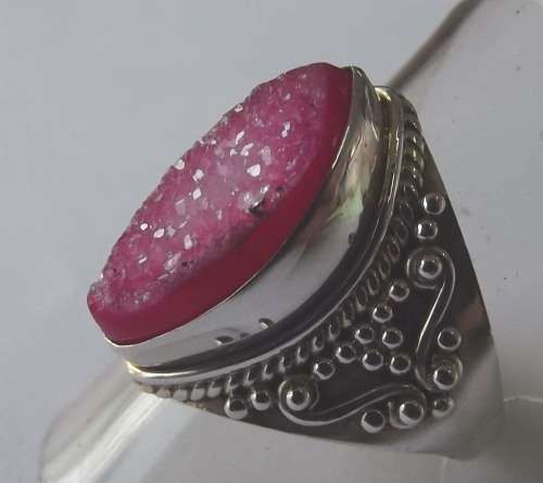 Fine Jewellery, Ring, Sterling Silver 925, Pink Druzy Stone, Size 18,25mm