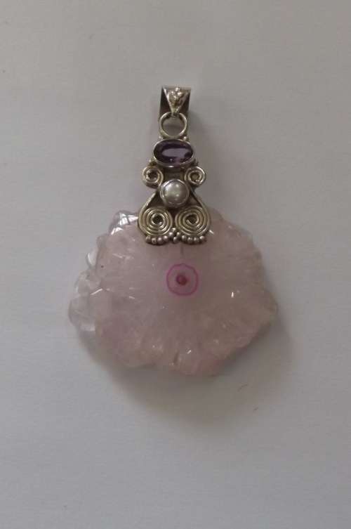 Fine Jewellery, Silver Pendant, Stamped 925, Amethyst - White Pearl - Rose Quartz, ±50mm