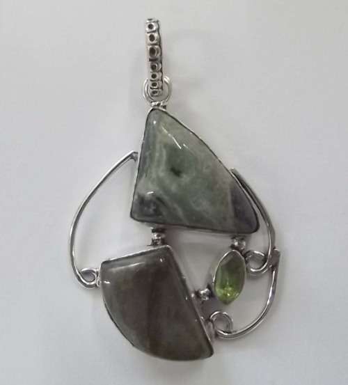 Fine Jewellery, Silver 925 Pendant, Nephrite, Peridote And Serpentine , 53mm