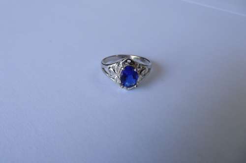 Fine Jewellery, Ring, Silver, Stamped 925, Blue Rhinestone 12mm, Ring Size 17,25mm