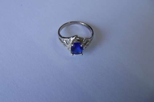 Fine Jewellery, Ring, Silver, Stamped 925, Blue Rhinestone 12mm, Ring Size 17,25mm