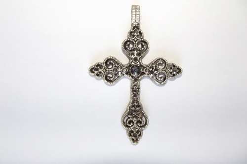 Fashion Jewellery, Silver / Black Cross Pendant With Black Rhinestones, 80mm x 55mm Incl Bail