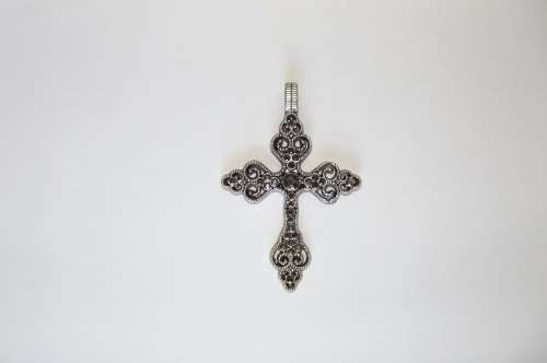 Fashion Jewellery, Silver / Black Cross Pendant With Black Rhinestones, 80mm x 55mm Incl Bail