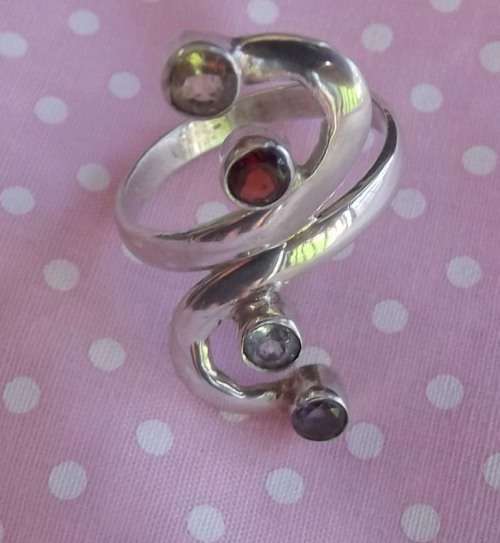 Fine Jewellery, Ring, Silver, Stamped 925, Simulated Amethyst - Aquamarine - Ruby - , Size 16,75mm