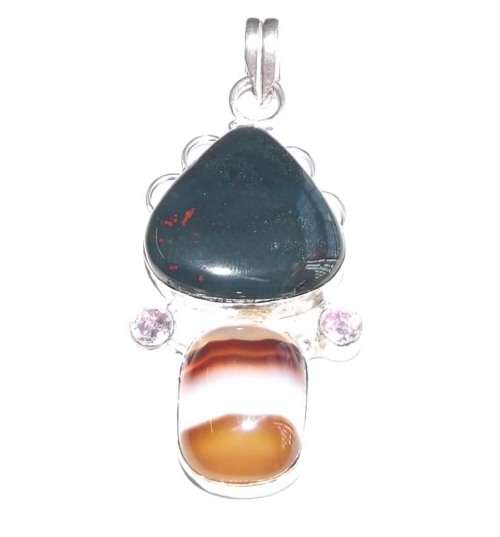Fine Jewellery, Pendant, Silver, Stamped 925, Green Jasper-Pink Quartz-Mookaite Jasper, 66mm
