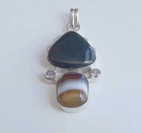 Fine Jewellery, Pendant, Silver, Stamped 925, Green Jasper-Pink Quartz-Mookaite Jasper, 66mm