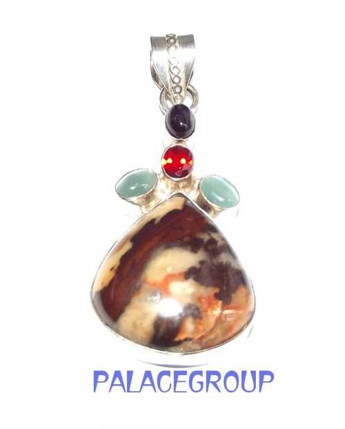 Fine Jewellery, 925 Pendant, Amethyst, Simulated Garnet, 2 x Amazonite, Brown Zebra Jasper, 64mm