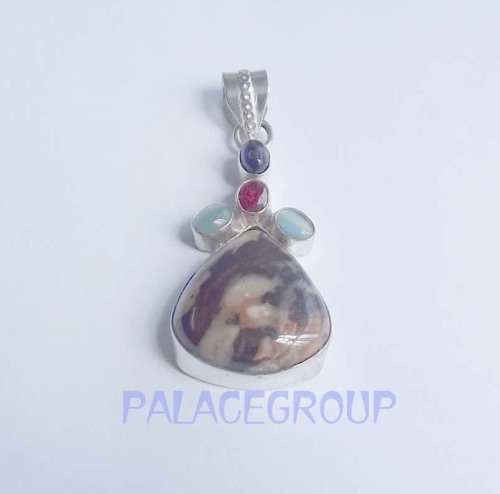 Fine Jewellery, 925 Pendant, Amethyst, Simulated Garnet, 2 x Amazonite, Brown Zebra Jasper, 64mm