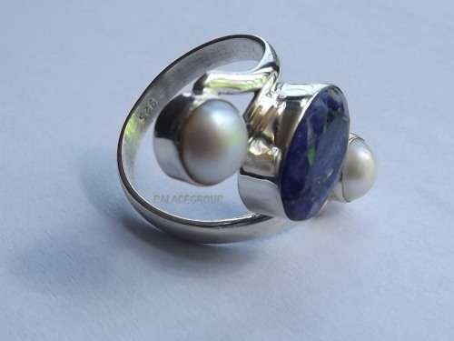 Fine Jewellery, Ring, Silver 925, Main Stone - Lapis Lazuli, 2 x Freshwater Pearls, Size 17,75mm