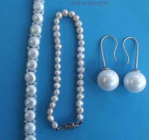 Fine Jewellery, 2 X Freshwater Cultured White Pearl Bracelets- ±16cm, 1 x Pair Shell Pearl Earrings