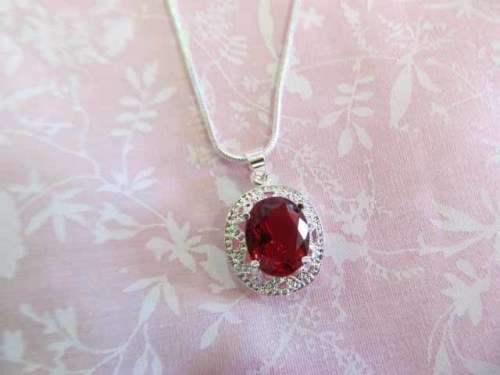 Silver 925 Snake Chain, Lobster Clasp, Lenght ±42cm, Red Rhinestone Pendant