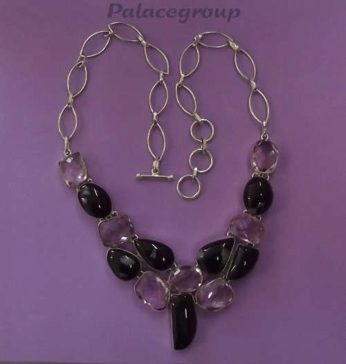 Silver 925 Oval Chain Necklace, Toggle Clasp, Lenght ±54cm, Snowflake Desidian and Simulated