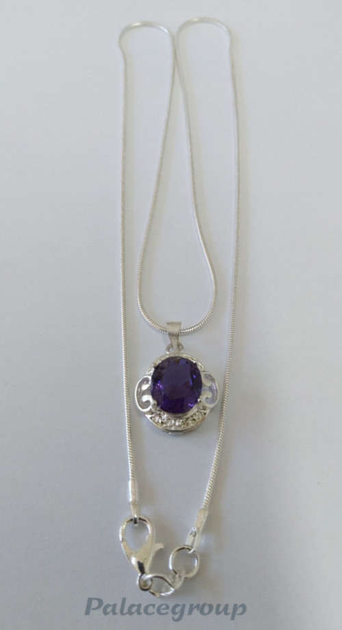 Silver 925 Snake Chain, Lobster Clasp, Lenght ±49cm, Simulated Amethyst Pendant