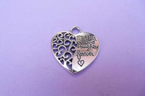 Pendant, Heart With Words `Mother and Daughter forever`, Metal, Nickel Colour, 29mm, 1pc