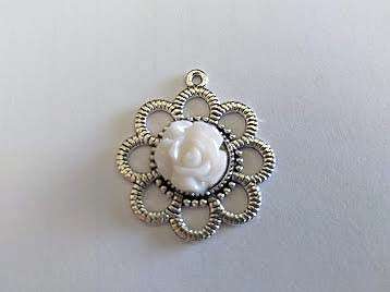 Pendant, White Rose, Metal Backing, Nickel Colour, 32mm, 1pc