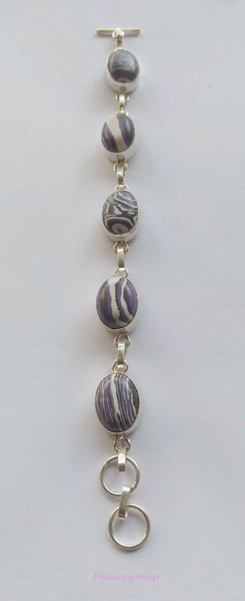 Silver Bracelet, 5 x Charoite Oval Stones On Silver Chain Links, Stamped 925, ±17cm