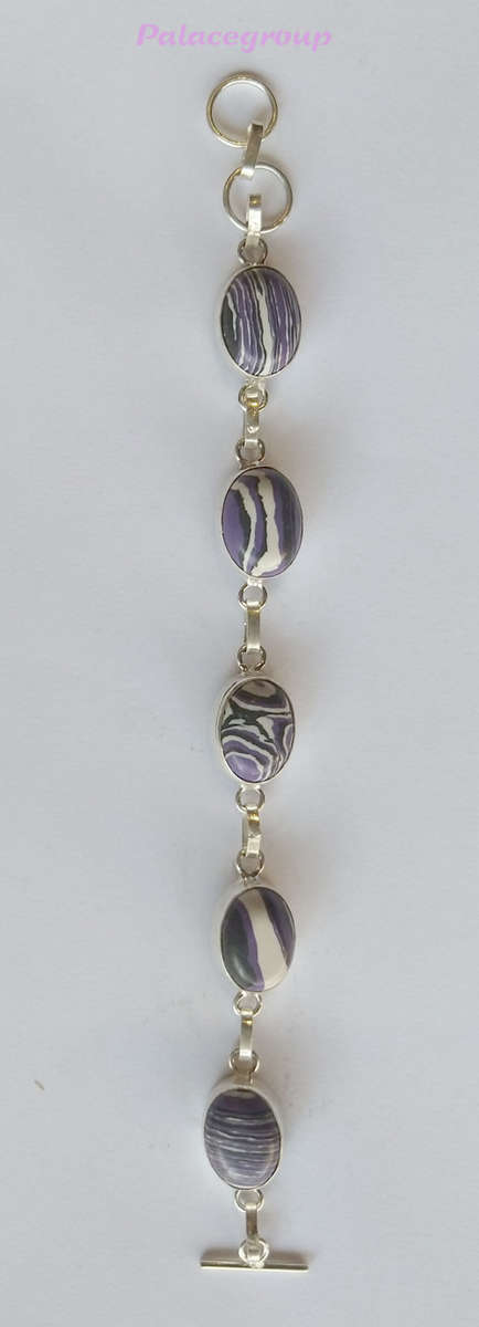 Silver Bracelet, 5 x Charoite Oval Stones On Silver Chain Links, Stamped 925, ±17cm