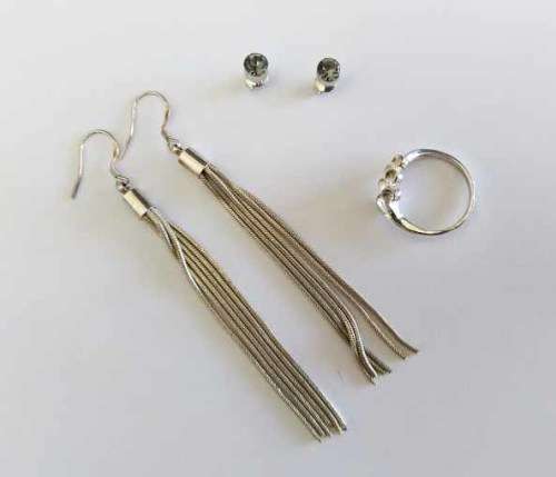 Ring Silver Stamped 925, Ring Size 17mm, Width 7mm, Pair Silver Chain Dangle Earrings, Stud Earrings