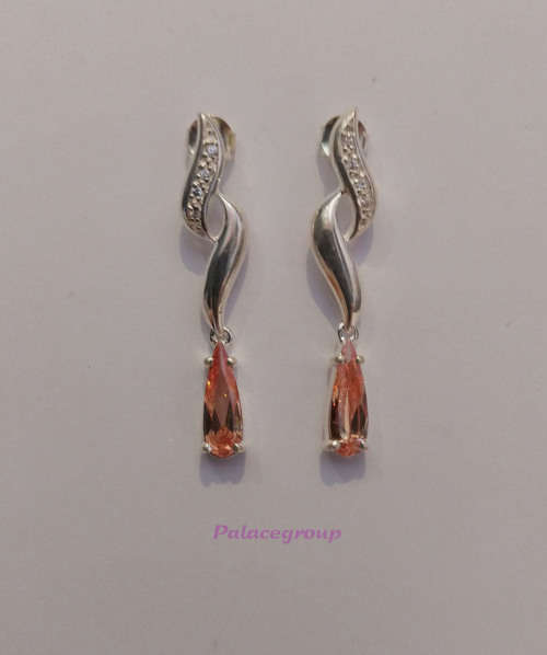 Earring Set, Silver Stamped 925, Orange Sapphire Semi Precious Stones, Stud Type, ±42mm,