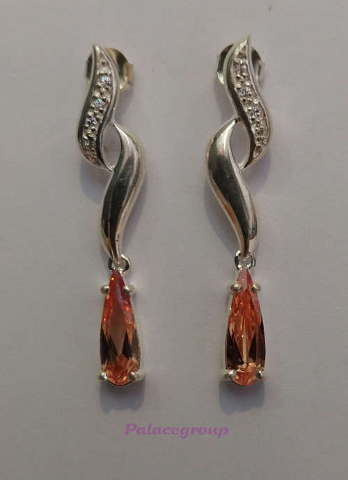 Earring Set, Silver Stamped 925, Orange Sapphire Semi Precious Stones, Stud Type, ±42mm,