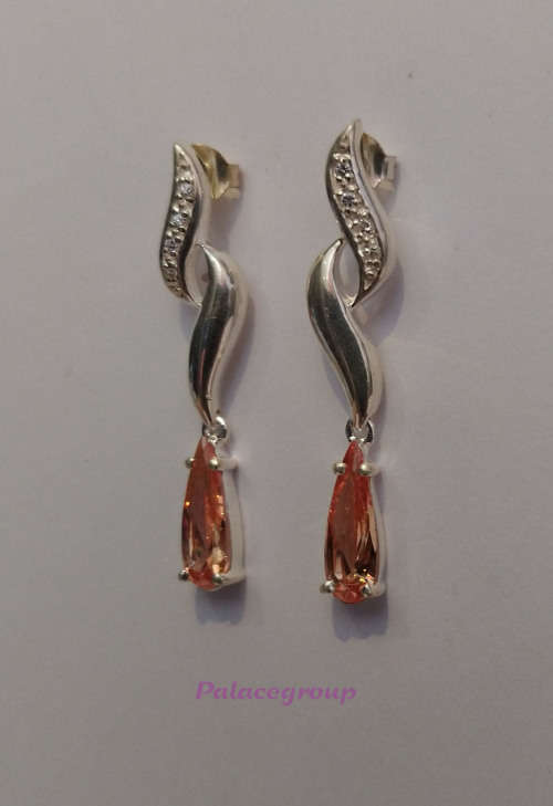 Earring Set, Silver Stamped 925, Orange Sapphire Semi Precious Stones, Stud Type, ±42mm,