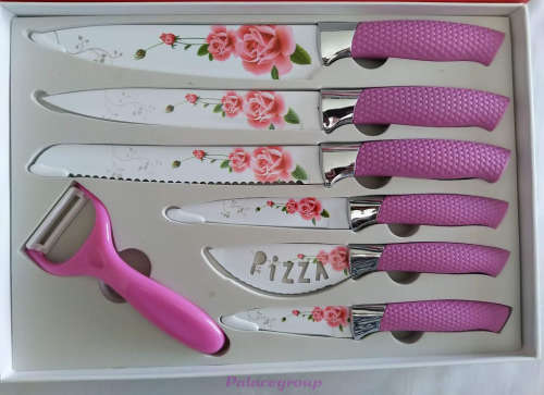 Báss®, Kithen Knife Set, Modern And Elegant Design, Pink Flower Theme, 7pc, See Photos Below