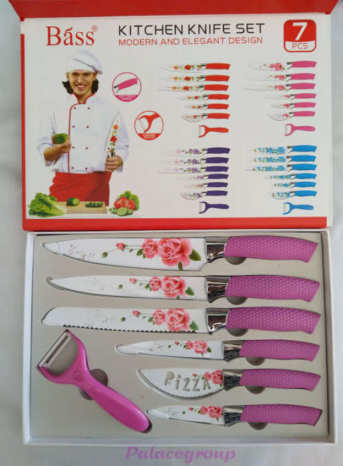 Báss®, Kithen Knife Set, Modern And Elegant Design, Pink Flower Theme, 7pc, See Photos Below