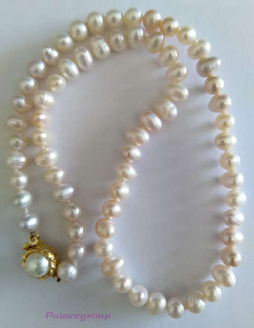 Necklace - Light Peach Freshwater Pearls, Box Clasp, Pearl Size ±8mm Uneven, ±42cm