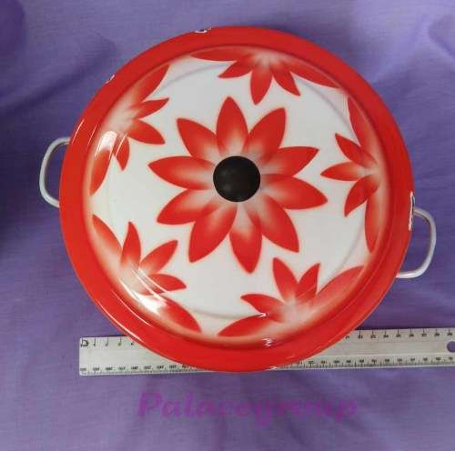 Vintage Enamelware Rice Dish With Lid, White With Red Flower Design, Cond 8/10, Bumper Harvest China