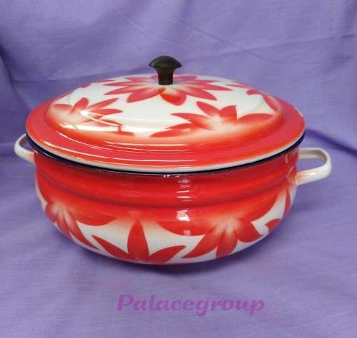 Vintage Enamelware Rice Dish With Lid, White With Red Flower Design, Cond 8/10, Bumper Harvest China