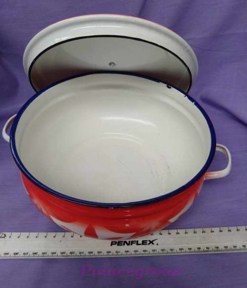 Vintage Enamelware Rice Dish With Lid, White With Red Flower Design, Cond 8/10, Bumper Harvest China
