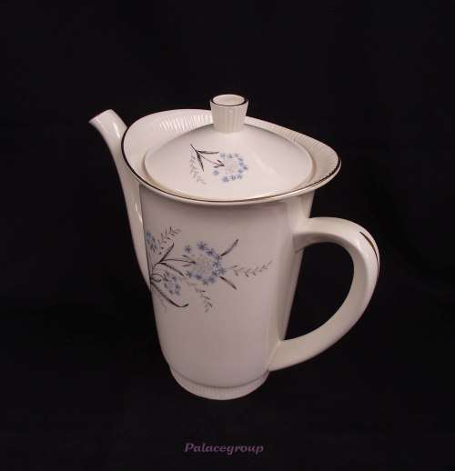Vintage Egersund Tea / Coffee Pot, Cream With Gold Rim, Blue Grey And Black Flower, Made In Norway
