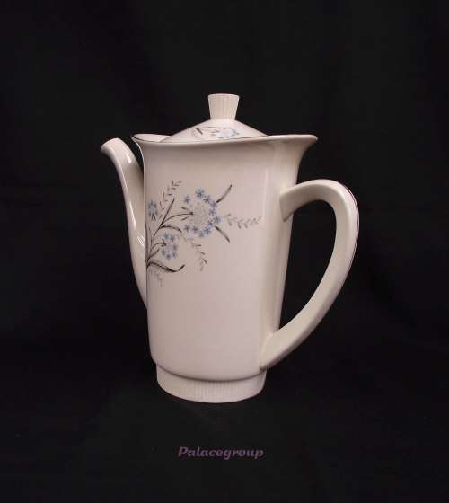 Vintage Egersund Tea / Coffee Pot, Cream With Gold Rim, Blue Grey And Black Flower, Made In Norway