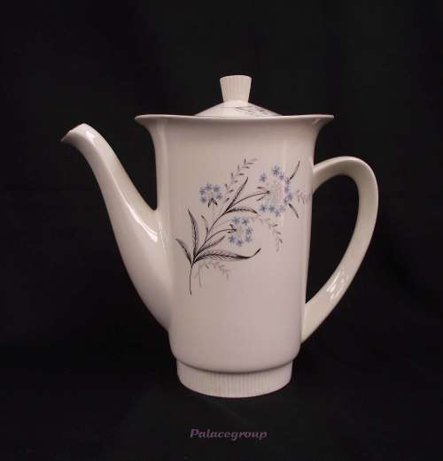 Vintage Egersund Tea / Coffee Pot, Cream With Gold Rim, Blue Grey And Black Flower, Made In Norway