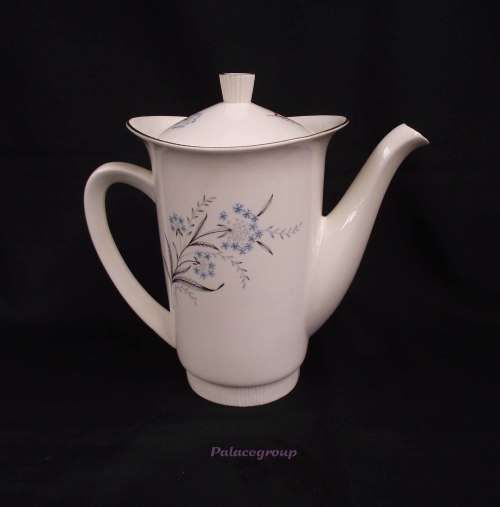 Vintage Egersund Tea / Coffee Pot, Cream With Gold Rim, Blue Grey And Black Flower, Made In Norway
