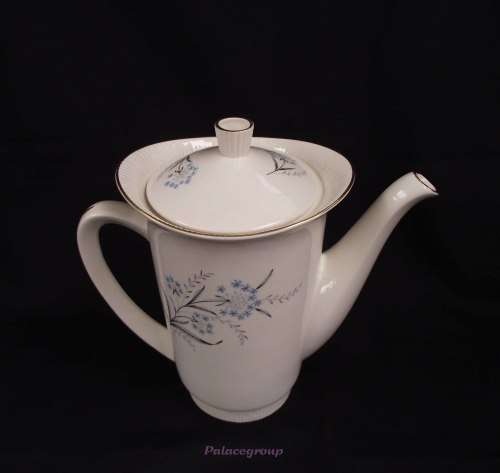 Vintage Egersund Tea / Coffee Pot, Cream With Gold Rim, Blue Grey And Black Flower, Made In Norway
