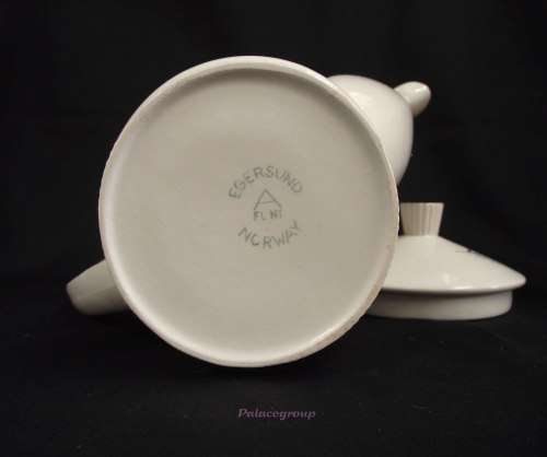 Vintage Egersund Tea / Coffee Pot, Cream With Gold Rim, Blue Grey And Black Flower, Made In Norway