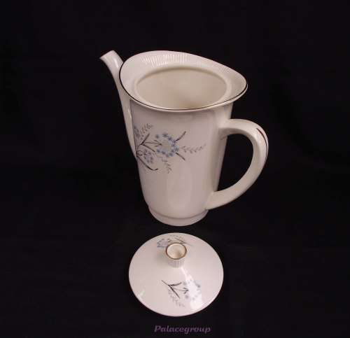 Vintage Egersund Tea / Coffee Pot, Cream With Gold Rim, Blue Grey And Black Flower, Made In Norway
