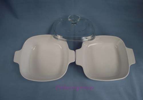 2 xCorning Ware Square Baking Dishes With 1 x Clear Lid - Dish Milk Glass With Blue Flower Pattern