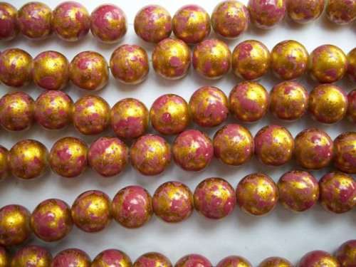 Glass Beads, Fancy, Round, Pink With Gold, 12mm, 34pc