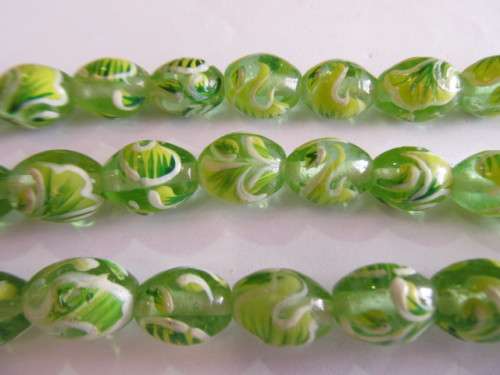 Glass Beads, Fancy, Oval, Hand Painted, Green, 14mm x 11mm, 4pc