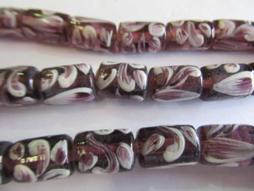 Glass Beads, Fancy, Tube, Hand Painted, Purple, 15mm x 10mm, 4pc