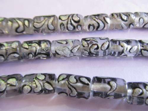 Glass Beads, Fancy, Tube, Hand Painted, Black, 15mm x 10mm, 4pc