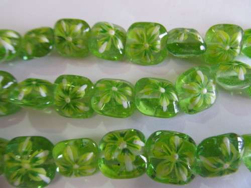 Glass Beads, Fancy, Flat Square, Hand Painted, Green, 14mm x 10mm, 4pc
