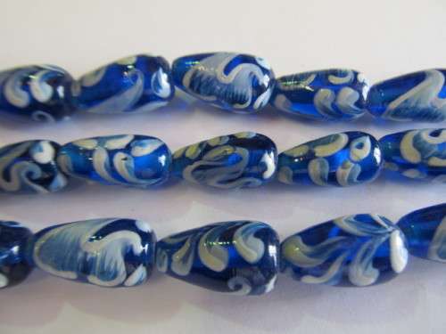 Glass Beads, Fancy, Teardrop, Hand Painted, Blue, 17mm x 9mm, 4pc